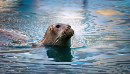 Fototapeta premium Majestic Seal Swimming in Serene Twilight Waters, Capturing the Dramatic Contrast between Ocean and Dusk Sky, Showcasing the Tranquility of Marine Life.