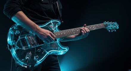 A musician passionately playing a transparent electric guitar on stage with dynamic lighting effects - "guitar design"