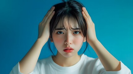 A young woman with her hands on her head, feeling fatigued and worried, against an isolated blue background