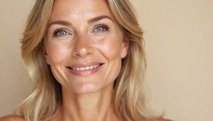 Beauty portrait of middle age woman with blond hair. Smiling female with wrinkles, aging skin. Mature lady closeup. Health, dental care. Anti-aging cream, rejuvenating cosmetics ad concept.