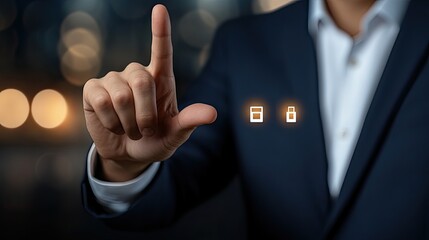 Businessman interacts with a virtual shopping cart interface on a mobile device within a contemporary work environment