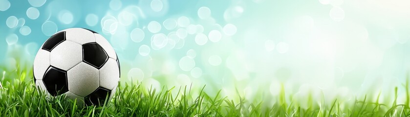 Fototapeta premium Soccer ball on grass, spring background, for sports theme