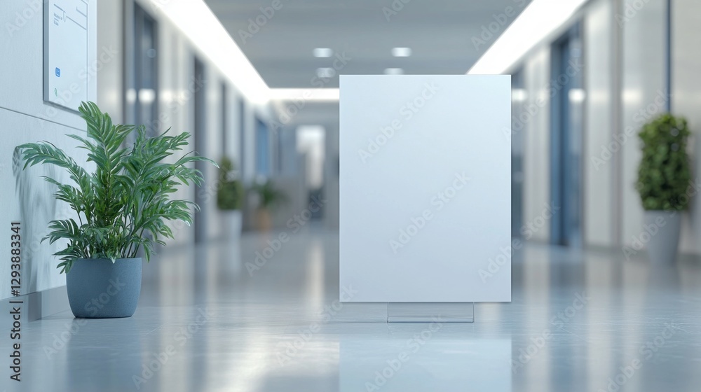 Poster in a sleek office corridor, a minimalist display board stands empty, inviting creativity. a vibrant 