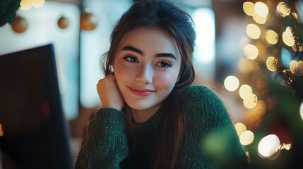 A professional woman in a video call, with a festive backdrop featuring green and gold decorations