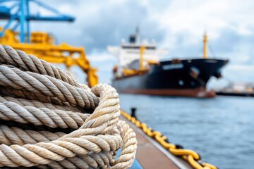 Close-up of thick rope on a ship, blurred cargo ship in background, docked at a harbor.