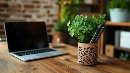 A professional workspace with a sleek laptop, a clover plant, and a festive-themed pen holder