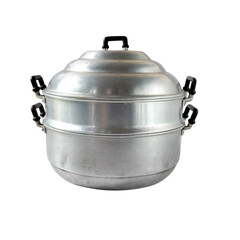 Old and dirty steaming pots on white background.