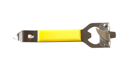 Old can opener on white background.