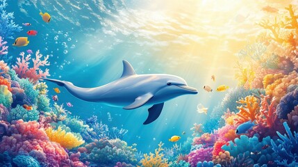 Fototapeta premium A graceful dolphin glides through vibrant turquoise waters, its light blue hues shimmering against a grey body. Its curved tail slices gracefully as it navigates the ocean depths