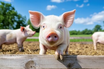 A curious piglet peeks over a wooden fence, other piglets and green field in background, sunny sky.