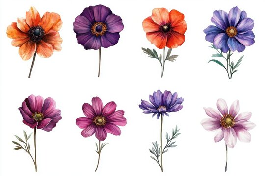Watercolor floral arrangement of vibrant anemone flowers on a white background, capturing the elegance of botanical illustration and delicate floral art