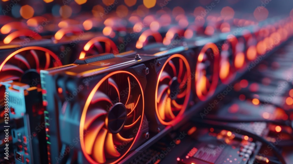 Fototapete Rows of advanced graphics processing units with glowing red fans are arranged in a dimly lit environment, illustrating the power and innovation in gaming and computing hardware.