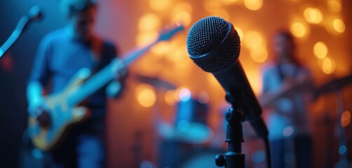 Close up shot microphone on stage at concert with blurred guitarist, drummer in background. Live music performance with band. Entertainment spotlight atmosphere at event. Nightlife with musician gig
