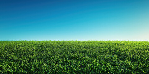 Fototapeta premium Horizon line of green lawn grass with clear blue sky. Beautiful landscape, clear summer day. Nature in summer