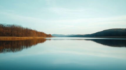 Fototapeta premium Tranquil Reflection of Trees on Calm Lake Under Clear Sky