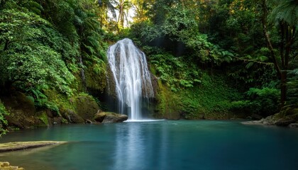 Serene Waterfall Amidst Lush Jungle A Tranquil Oasis Shrouded in Green, Showcasing the Majesty of Natures Symphony in a Tropical Paradise.