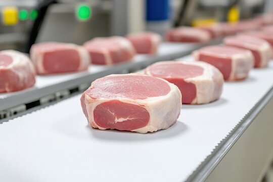 Raw meat portions on conveyor belt, in food processing facility, ready for packaging.