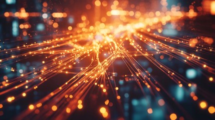 Fototapeta premium Glowing interconnected network of nodes and lines symbolizing open-source collaboration, abstract digital patterns in the background. Technology and innovation concepts. 