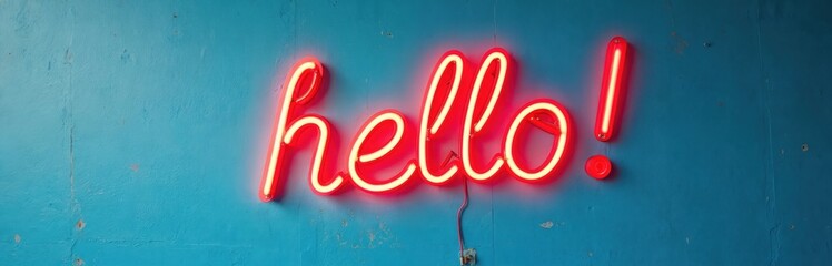 Red neon sign says Hello on a blue textured wall. Electric cursive font glowing bright in dark for shop, bar, store welcome signboard, office reception banner, friendly message, retro design concept.