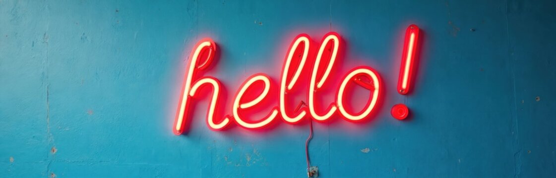 Red neon sign says Hello on a blue textured wall. Electric cursive font glowing bright in dark for shop, bar, store welcome signboard, office reception banner, friendly message, retro design concept.