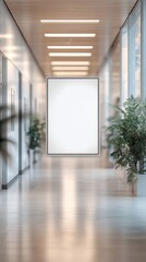 A long corridor features sleek wooden floors and large windows allowing natural light, with an empty frame suspended mid-path and green potted plants enhancing tranquility