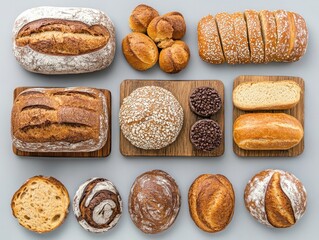 Assorted artisan breads displayed on a gray surface showcasing a variety of shapes textures and crusts for baking concepts