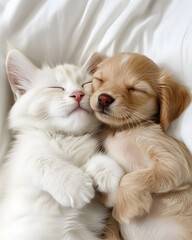 Obraz premium Cute kitty and puppy cuddeling together isolated on white background
