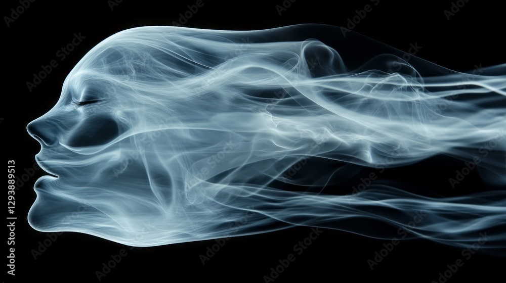 Poster beautiful wisps of translucent smoke swirl in the darkness, forming a serene visage that expresses d