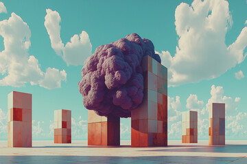 Surreal Landscape with Purple Cloud Formation and Geometric Structures