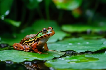 Vibrant Painted Reed Frog Resting on a Lily Pad in a Lush Green Pond Environment