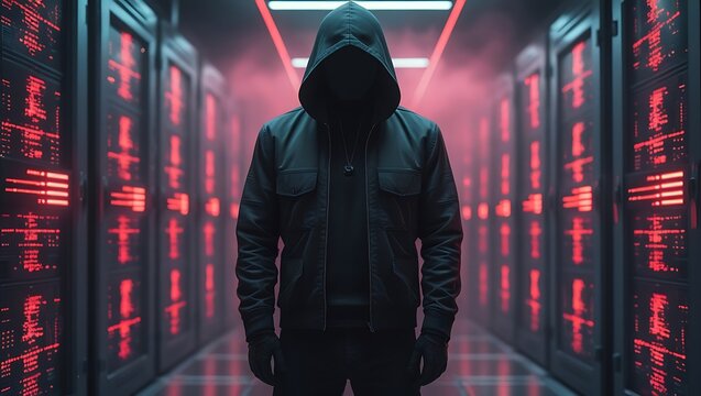 Anonymous Hacker in a Dark Server Room with red neon light &ndash; Cybersecurity Threat, Data Breach, and Digital Espionage &ndash; Hooded Figure with Backpack Amidst Glowing Code and Cyber Networks