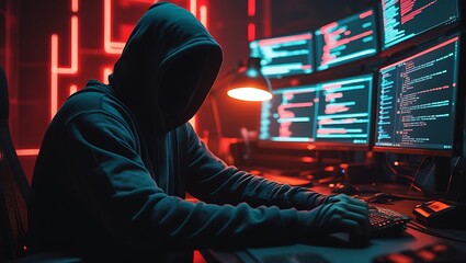 Fototapeta premium Hacker wears a dark hooded sweatshirt, the hood pulled over his head, casting deep shadows over his face with bright red neon light
