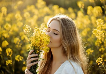 Naklejka premium Woman enjoying a bouquet of yellow flowers in a sunny field