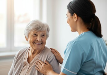 Fototapeta premium Caring nurse comforting elderly woman with a warm smile