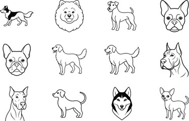 Fototapeta premium Diverse Dog Breeds Line Art Illustrations of Canine Companions