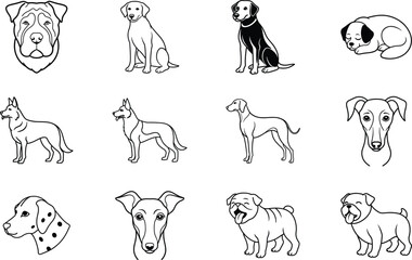 Fototapeta premium Dog Breeds Collection Linear Icons Set Vector Illustration