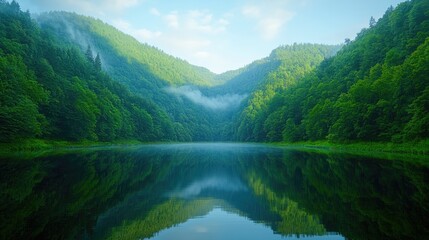 Misty mountain lake reflecting lush green forests