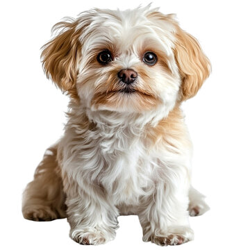 Angled view full body shot of an extremely perfect looking single Zuchon animal isolated on a white transparent background