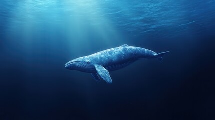 Fototapeta premium A majestic blue whale glides gracefully, partially submerged in deep azure waters, facing right with an air of serene elegance