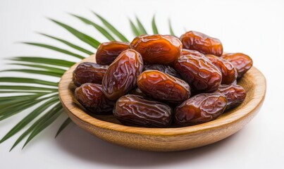 Obraz premium dates on a wooden plate, with a palm leaf beside it. The background is white, and the lighting is natural, ramadan kareem