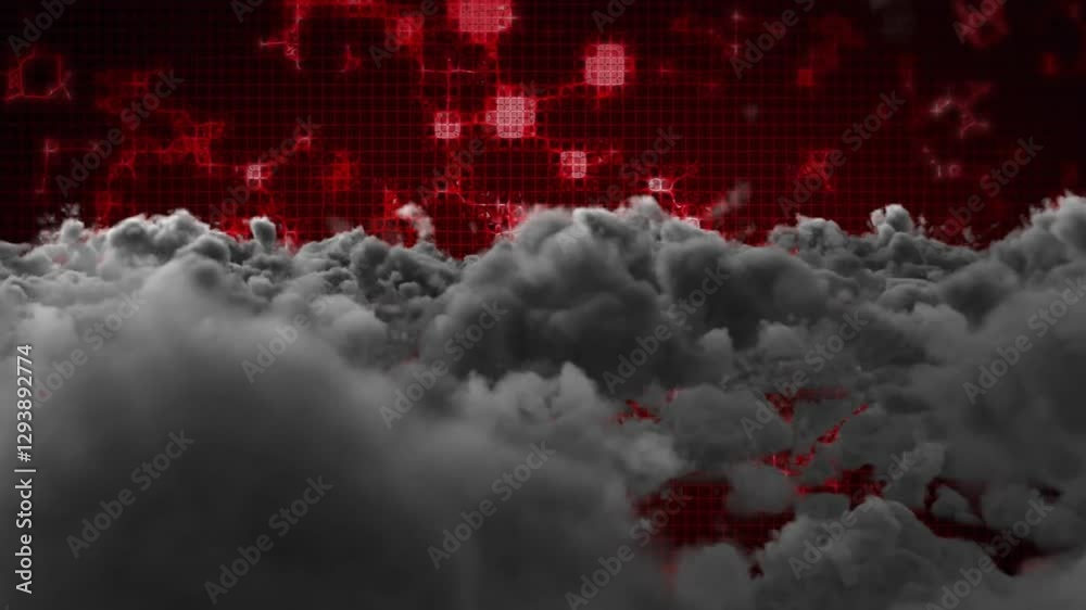 Poster digital animation with dark clouds and red glowing grid in background