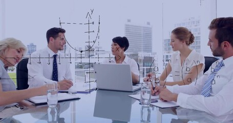 In school, business team discussing animation of mathematical graphs and equations - Powered by Adobe