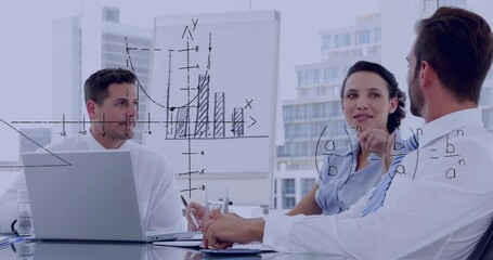 In office, business team discussing graphs and animation with mathematical formulas - Powered by Adobe