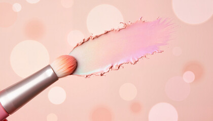 Iridescent highlighter brush swirling in soft-focus light, elegance