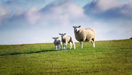Mother Sheep and Twins Amongst Blossoms A Springtime Tableau in Pastel Shades, Capturing the Innocence and Vibrancy of New Life in Nature.