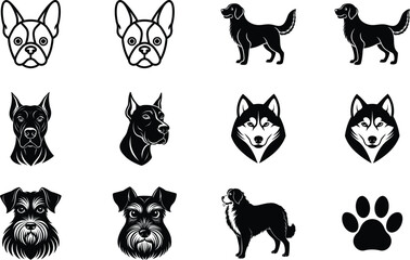 Fototapeta premium Dog Breed Icons French Bulldog, Labrador, Doberman, Husky, Schnauzer