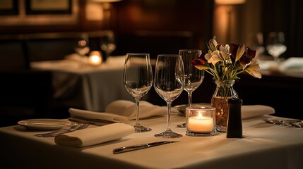 Elegant candlelit dinner setup with fine glassware and floral centerpiece for two people