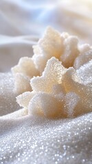 Delicate sugar crystals forming a crystalline structure on a soft white fabric with a dreamy ethereal light