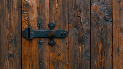 Rustic wooden door with ornate metal latch on weathered timber background