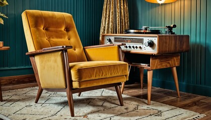 Mustard Armchair with Cozy Stereo Setup at Home